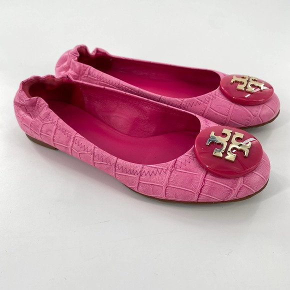 Tory Burch Minnie Croc Embossed Ballet Leather Flats with Gold/Pink Logo Size 7 - Picture 1 of 14